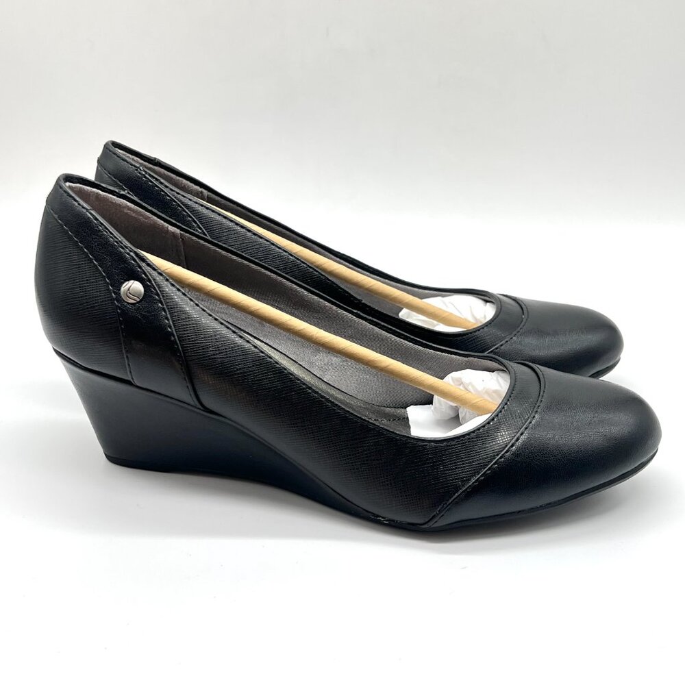 8.5W 8.5‎ WIDE WIDTH Lifestride Dreams Black Faux Leather Wedges Pumps Shoes